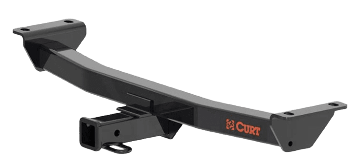A black curt trailer hitch with an orange logo.