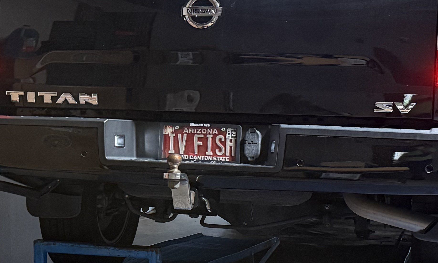 A car with the license plate of tv fish.